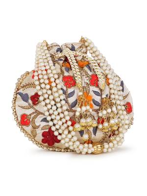 Dangle Cream & Multi Floral Embroidered Faux Silk Potli 5