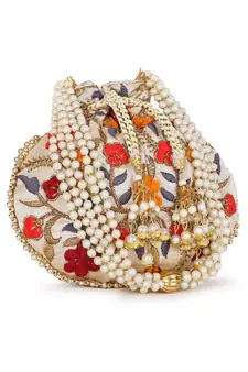 Dangle Cream & Multi Floral Embroidered Faux Silk Potli