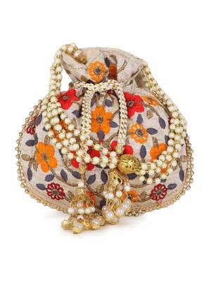 Dangle Cream & Multi Floral Embroidered Faux Silk Potli 1