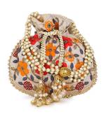 Dangle Cream & Multi Floral Embroidered Faux Silk Potli