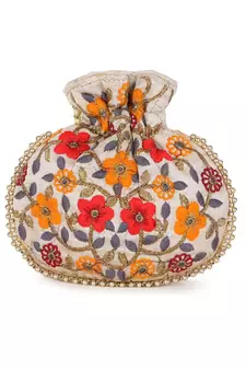 Dangle Cream & Multi Floral Embroidered Faux Silk Potli