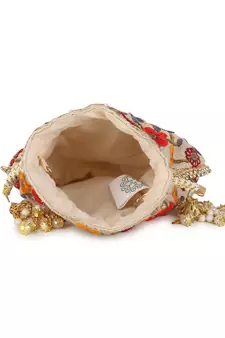 Dangle Cream & Multi Floral Embroidered Faux Silk Potli