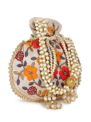 Dangle Cream & Multi Floral Embroidered Faux Silk Potli 5
