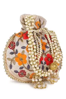 Dangle Cream & Multi Floral Embroidered Faux Silk Potli