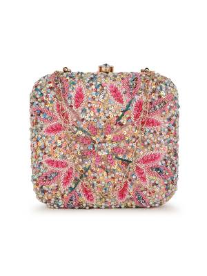 Vista Pastel Pink & Multi Stone work Embellished Faux Silk Clutch 1