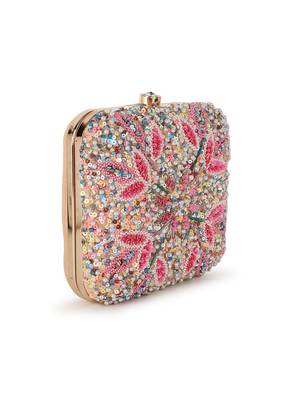 Vista Pastel Pink & Multi Stone work Embellished Faux Silk Clutch 2