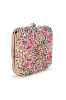 Vista Pastel Pink & Multi Stone work Embellished Faux Silk Clutch