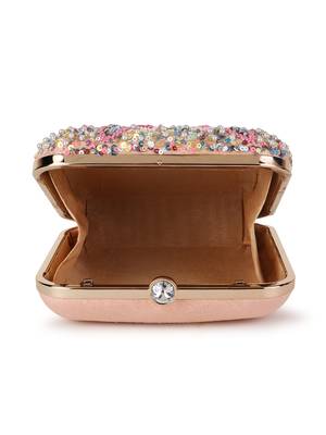 Vista Pastel Pink & Multi Stone work Embellished Faux Silk Clutch 4