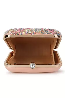Vista Pastel Pink & Multi Stone work Embellished Faux Silk Clutch