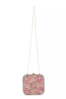 Vista Pastel Pink & Multi Stone work Embellished Faux Silk Clutch