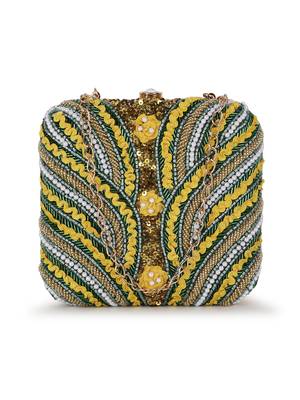 Anekaant Vista Mehandi Green & yellow Quirky Embellished Faux Silk Clutch 1