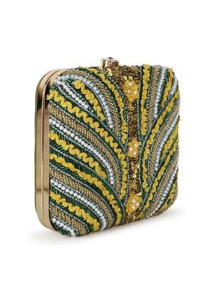 Anekaant Vista Mehandi Green & yellow Quirky Embellished Faux Silk Clutch 2