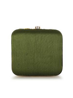 Anekaant Vista Mehandi Green & yellow Quirky Embellished Faux Silk Clutch 3
