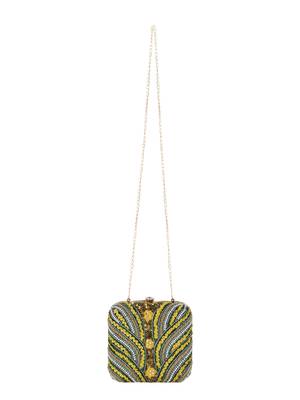 Anekaant Vista Mehandi Green & yellow Quirky Embellished Faux Silk Clutch 5