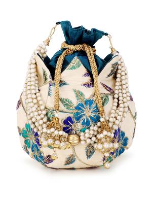 Lotus Cream & Turquoise Blue Floral Embroidered Faux Silk Potli 1