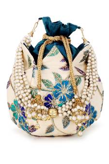 Lotus Cream & Turquoise Blue Floral Embroidered Faux Silk Potli