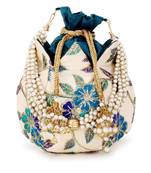 Lotus Cream & Turquoise Blue Floral Embroidered Faux Silk Potli
