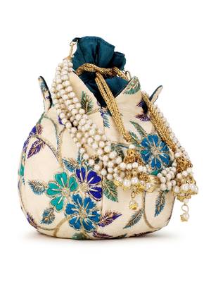 Lotus Cream & Turquoise Blue Floral Embroidered Faux Silk Potli 2