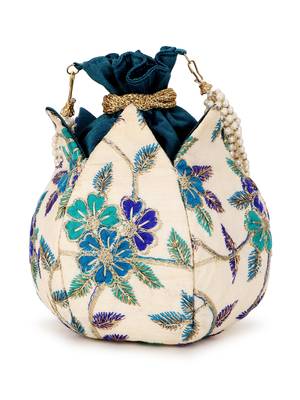 Lotus Cream & Turquoise Blue Floral Embroidered Faux Silk Potli 3