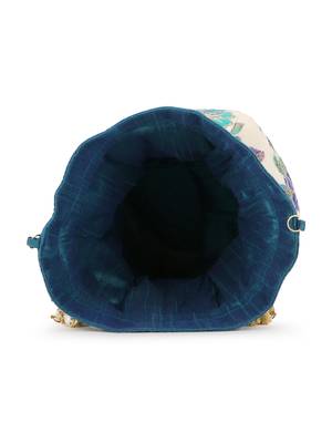 Lotus Cream & Turquoise Blue Floral Embroidered Faux Silk Potli 4