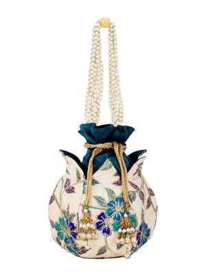 Lotus Cream & Turquoise Blue Floral Embroidered Faux Silk Potli 5