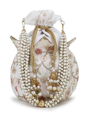 Anekaant Lotus Off White & Dusky Pink Floral Embroidered Faux Silk Potli 1