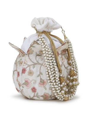 Anekaant Lotus Off White & Dusky Pink Floral Embroidered Faux Silk Potli 2