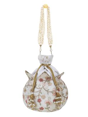 Anekaant Lotus Off White & Dusky Pink Floral Embroidered Faux Silk Potli 5