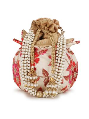 Anekaant Lotus Cream & Pink Floral Embroidered Faux Silk Potli 1