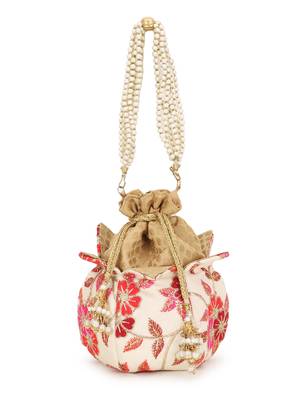 Anekaant Lotus Cream & Pink Floral Embroidered Faux Silk Potli 2