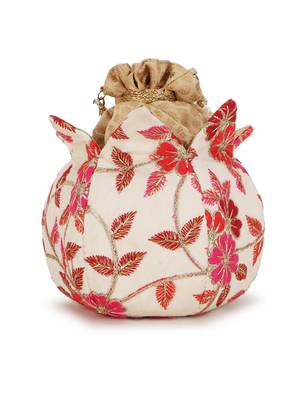 Anekaant Lotus Cream & Pink Floral Embroidered Faux Silk Potli 3