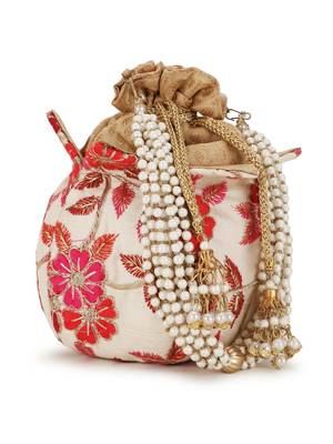 Anekaant Lotus Cream & Pink Floral Embroidered Faux Silk Potli 5
