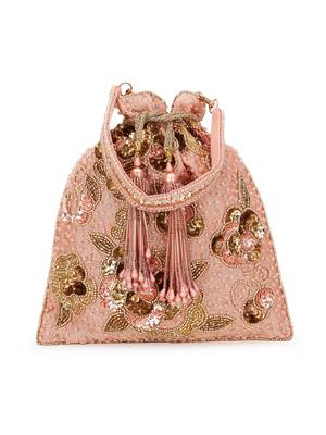 Dangle Dusky Pink & Gold Floral Embellished Faux Silk Potli 1