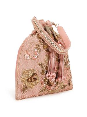 Dangle Dusky Pink & Gold Floral Embellished Faux Silk Potli 2