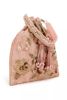 Dangle Dusky Pink & Gold Floral Embellished Faux Silk Potli