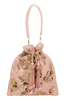 Dangle Dusky Pink & Gold Floral Embellished Faux Silk Potli