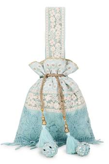 Dangle Pastel Blue & White Floral Lace Detailed Faux Silk Potli