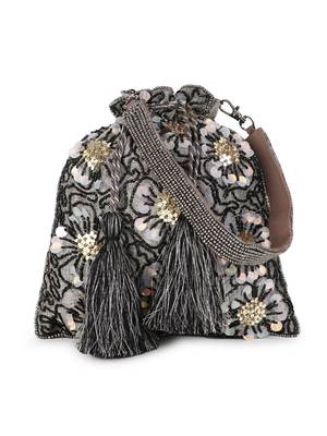 Dangle Grey, Black & Gold Floral Embellished Faux Silk Potli 1