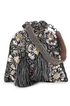 Anekaant Dangle Grey, Black & Gold Floral Embellished Faux Silk Potli