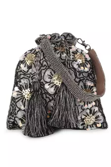 Anekaant Dangle Grey, Black & Gold Floral Embellished Faux Silk Potli