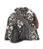 Dangle Grey, Black & Gold Floral Embellished Faux Silk Potli