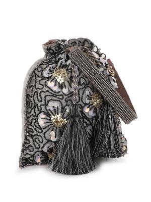 Dangle Grey, Black & Gold Floral Embellished Faux Silk Potli 2