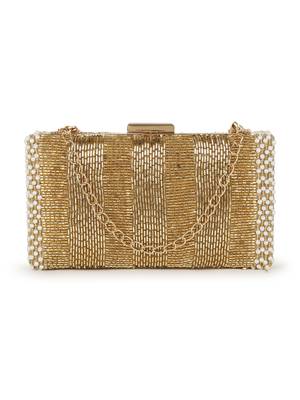 Anekaant Adorn Gold & White Striped Embellished Faux Silk Clutch 1