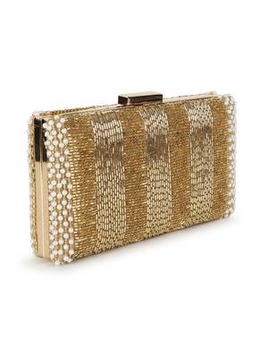 Anekaant Adorn Gold & White Striped Embellished Faux Silk Clutch 2