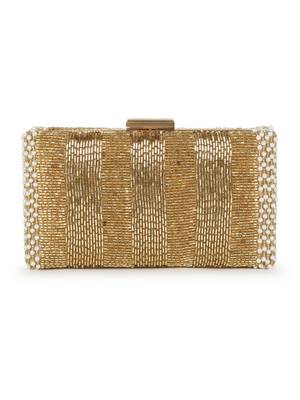 Anekaant Adorn Gold & White Striped Embellished Faux Silk Clutch 3