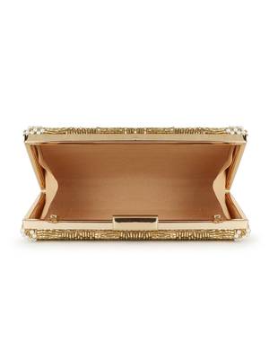 Anekaant Adorn Gold & White Striped Embellished Faux Silk Clutch 4