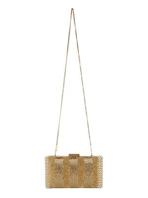 Anekaant Adorn Gold & White Striped Embellished Faux Silk Clutch 5