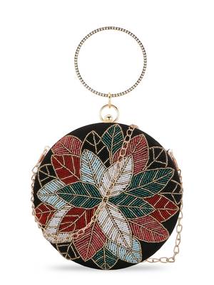 Anekaant Gala Black & Multi Floral Emroidered Faux Silk Clutch 1