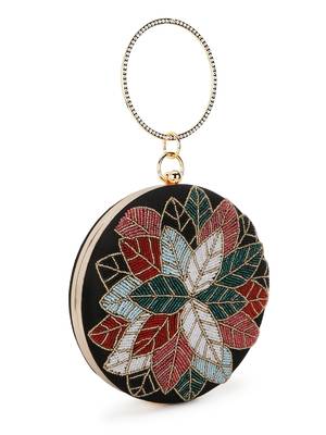 Anekaant Gala Black & Multi Floral Emroidered Faux Silk Clutch 2