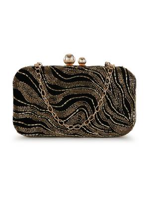 Adorn Black & Gold Abstract Embellished Velvet Clutch 1